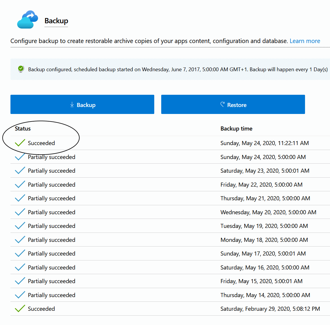 azure backup success