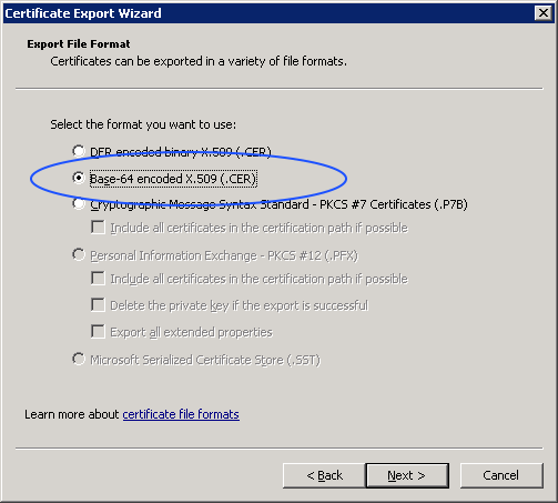 certificate export encoding