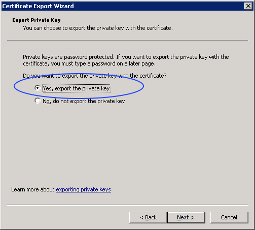 certificate export options