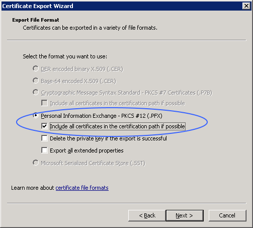 more certificate export options